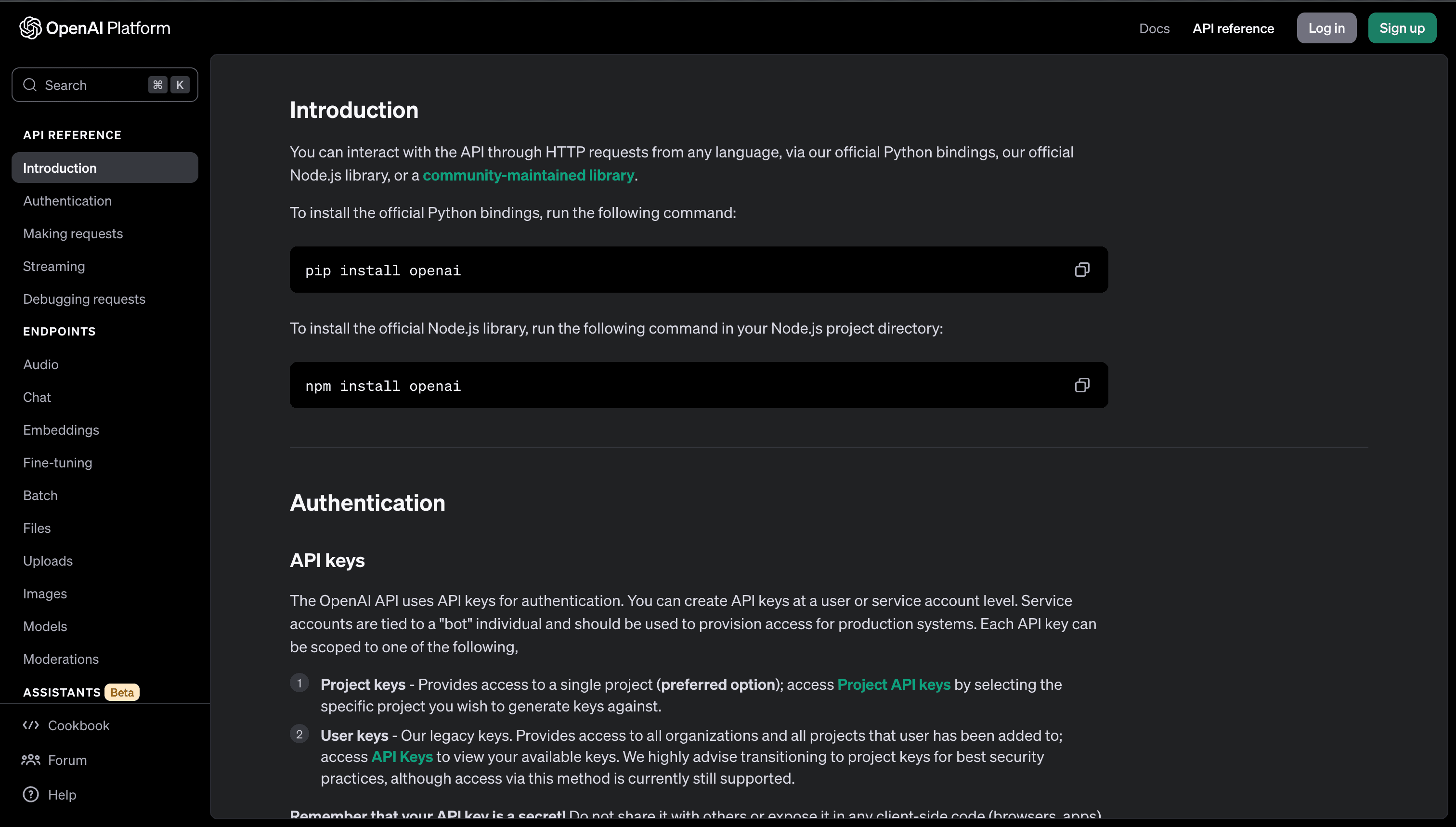 OpenAI Documentation screenshot